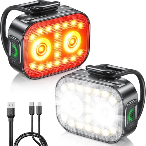 WOCBUY Luces de bicicleta, juego de luces de bicicleta recargables ultradelgadas y ligeras, [5+6 modos] Luces de bicicleta dobles USB-C delanteras y