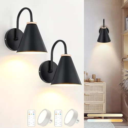 Juego de dos apliques de pared industriales de madera sintética negra con pilas, fácil de instalar, sin cables, bombilla LED regulable con control