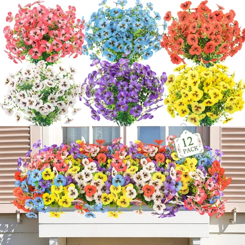 MACTING 12 paquetes de flores artificiales para exteriores, resistentes a los rayos UV, pensamientos falsos, plantas al aire libre, flores de