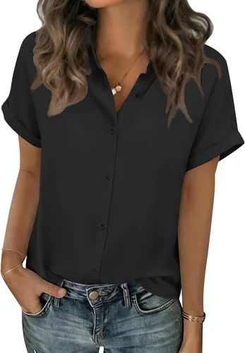 Miniatura 18 de Zeagoo Blusas de verano de manga corta para mujer, camisas casuales con botones, blusas de trabajo de negocios sólidas/a rayas