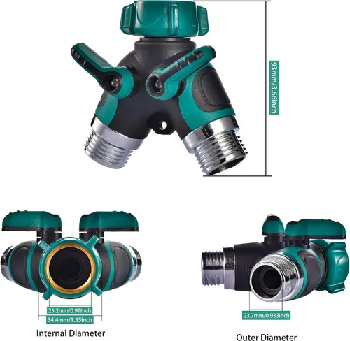 Miniatura 5 de Divisor de manguera de 2 vías en Y conector con cómodo agarre de goma y parte superior giratoria de 360 ° de conexión rápida para manguera de Verde