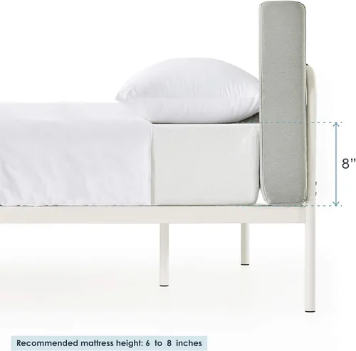 Miniatura 10 de Mellow Maggie - Cama de plataforma de metal con cabecera tapizada con cojín, listones de acero, fácil montaje, gris cielo, tamaño Queen Gris