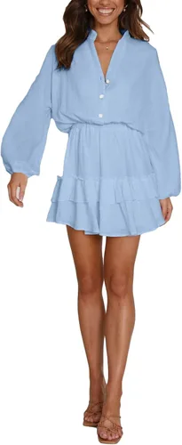 Miniatura 6 de OPOIPIN Minivestido de manga larga con cuello en V y volantes en capas para mujer