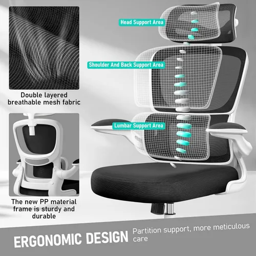 Miniatura 4 de Silla de oficina ergonómica de respaldo alto, silla de escritorio de malla transpirable con soporte lumbar, reposacabezas ajustable, reposabrazos
