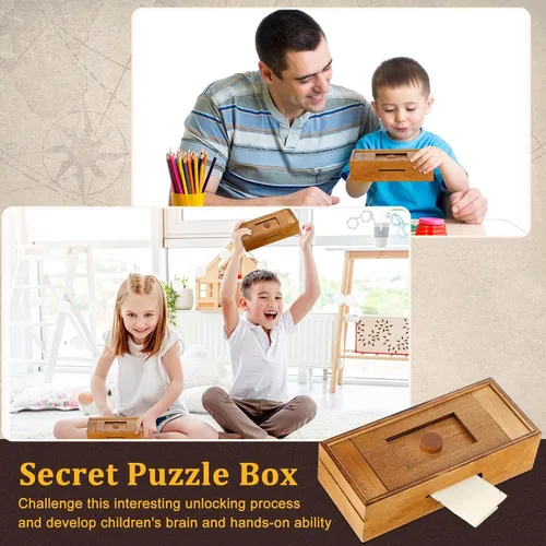 Miniatura 7 de 2 piezas Caja de rompecabezas de madera de Navidad con compartimentos ocultos, caja de dinero de madera para tarjeta de regalo, caja secreta