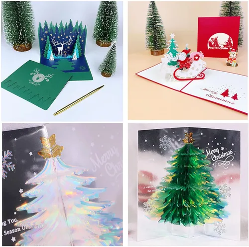 Miniatura 6 de Tarjeta desplegable 3D única de árbol de Navidad, tarjeta de felicitación con purpurina para árbol de Navidad, tarjeta tridimensional de cristal