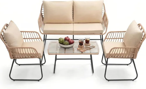 Miniatura 9 de KROFEM - Juego de muebles de ratán para patio de 3 piezas estilo bistró, incluye 2 sillas de ratán y mesa con tapa de vidrio, ideal para porche