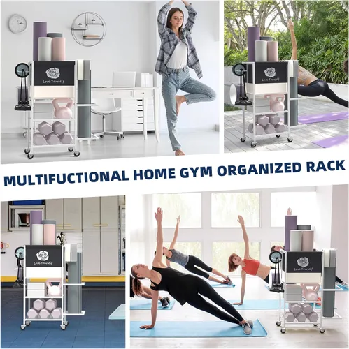 Miniatura 4 de Estante de Almacenamiento para Esterilla de Yoga, Estante de Almacenamiento para Gimnasio en Casa, Organizador de Almacenamiento de Equipo de Blanco