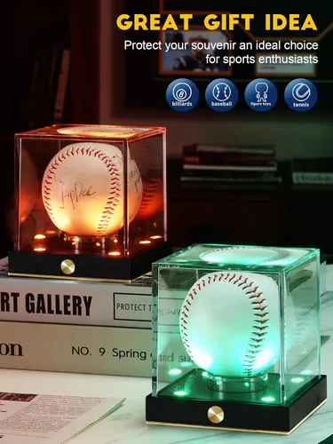 Miniatura 8 de Estuche de exhibición de béisbol JupDec sin cables con LED, caja transparente de acrílico con forma de cubo para béisbol con 10 colores de luz, caja