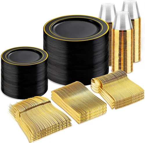 Miniatura 11 de bUCLA Juego de vajilla de plástico dorado desechable de 150 piezas, platos dorados resistentes que incluyen 25 platos de cena y 25 platos de postre