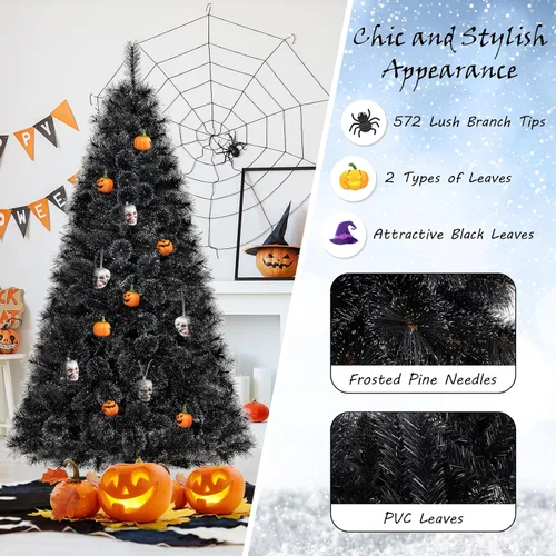 Miniatura 4 de Goplus - Árbol de Navidad artificial negro de 7 pies con luces preinstaladas, árbol de Halloween artificial, árbol de Navidad completo con bisagras
