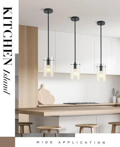 Miniatura 5 de Paquete de 2 luces colgantes para isla de cocina, lámparas colgantes ajustables de cristal, luces colgantes negras mate, isla de cocina, iluminación
