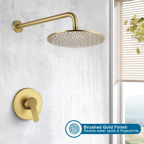 Miniatura 2 de Juego de grifo de ducha dorado cepillado de 10 pulgadas, cabezal de ducha de lluvia redondo y mango, sistema de ducha de lluvia para baño, accesorio