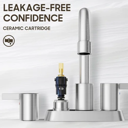 Miniatura 4 de Phiestina Grifo de Lavabo de Baño de Níquel Cepillado de 4 Pulgadas con 2 Manijas Centerset Sin Plomo, con Desagüe Emergente de Cobre y Líneas