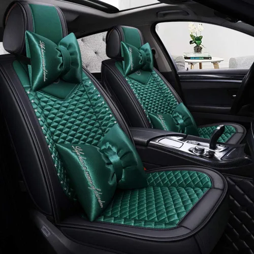 Miniatura 6 de Bling - Fundas de asiento de automóvil de seda y cuero retro con celosía, ajuste universal (negro básico)