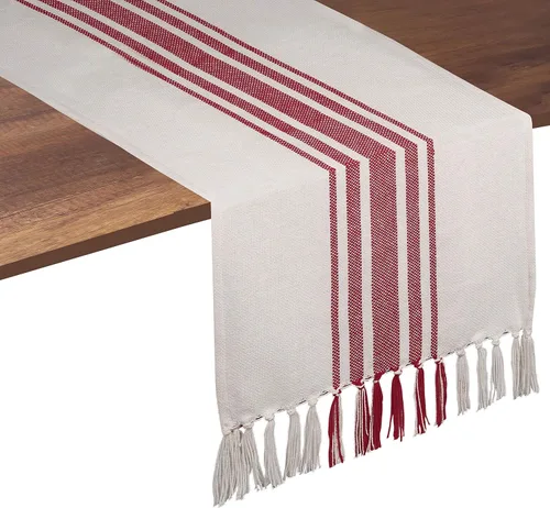 Miniatura 12 de Native Fab Camino de mesa verde azulado de 72 pulgadas de largo – Fundas de mesa bohemias a rayas con flecos – 100% algodón, tejido apretado, mantel