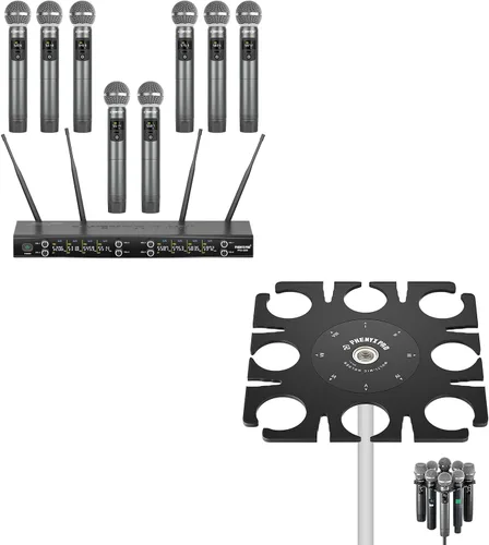 Phenyx Pro Sistema de micrófono inalámbrico PTU-4200-8H incluido con soporte de micrófono múltiple de 8 ranuras MA-H1