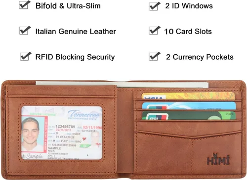Miniatura 38 de HIMI - Cartera elegante de cuero auténtico para hombre, con bloqueo de interferencia de radiofrecuencia (RFID), con 2 ventanas para identificación
