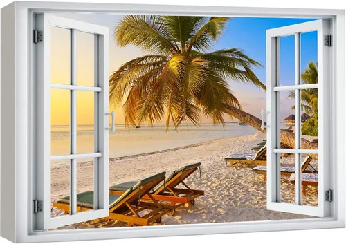 Miniatura 8 de wall26 Lienzo impreso para pared, vista de ventana a barco y playa tropical, isla de naturaleza, desierto, fotografía, realismo, paisaje rústico