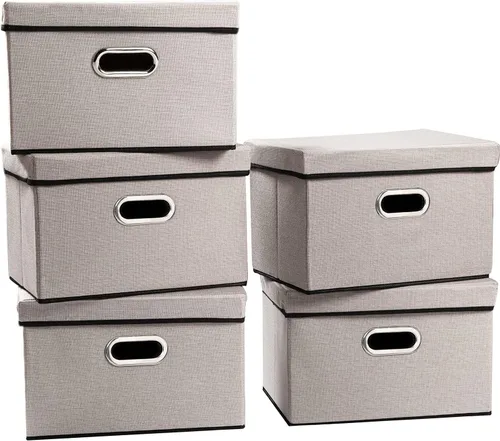 Miniatura 16 de PRANDOM Contenedor de almacenamiento plegable con tapa [1 unidad] Caja de almacenamiento decorativa de tela de lino, cesta organizadora con asas