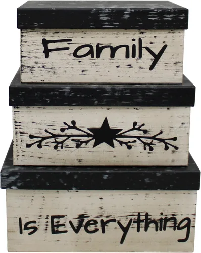Miniatura 2 de CVHOMEDECO. Cajas anidadas rectangulares vintage primitivas de cartón “La familia lo es todo”, grandes 12 x 9 x 14 cm. Juego de 3.