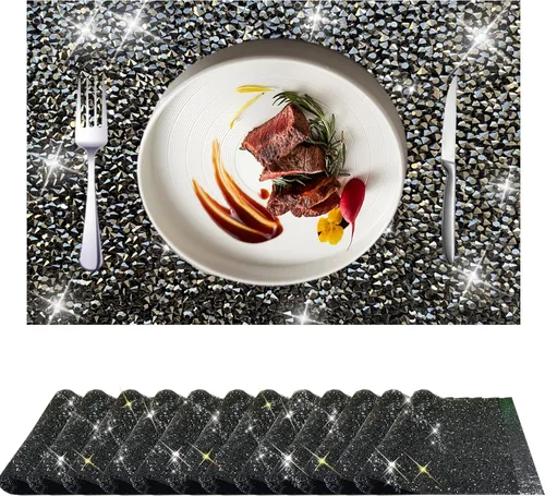 Miniatura 46 de Juego de 1 mantel individual redondo en negro, manteles individuales brillantes resistentes al calor, lavables, para cena, cocina, boda, decorativos