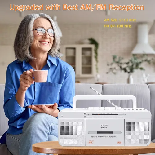Miniatura 3 de Reproductor de cassette Boombox, radio AM/FM portátil estéreo con Bluetooth, USB, altavoz grande doble, conector para auriculares, grabación a