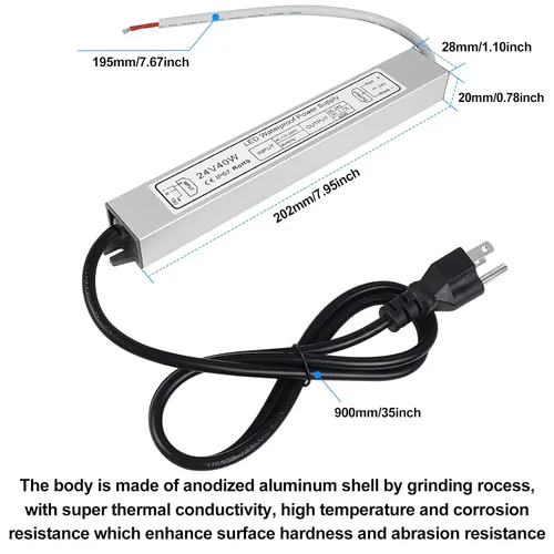 Miniatura 2 de inShareplus fuente de poder LED, 24V 40W IP67 impermeable para exteriores, transformador de bajo voltaje de CA 90-140V a CC 24V 1.7A, adaptador