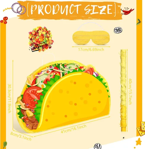 Miniatura 2 de Piñata de taco - Piñata mexicana para fiesta, incluye palo de murciélago con los ojos vendados para cumpleaños, decoración de Cinco de Mayo