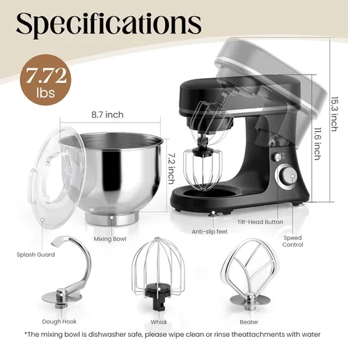 Miniatura 7 de Batidora de pie de 800 W con cuenco de 5.3 cuartos de galón, batidora de cocina eléctrica de 6 velocidades con pulso, batidora de alimentos con Negro