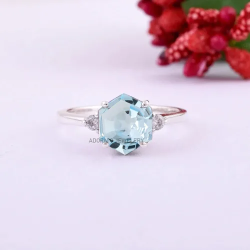 Miniatura 9 de Anillo de plata de ley 925 para mujer, anillo de diamantes de imitación de aguamarina de plata esterlina, anillo Art Deco de marzo, piedra natal