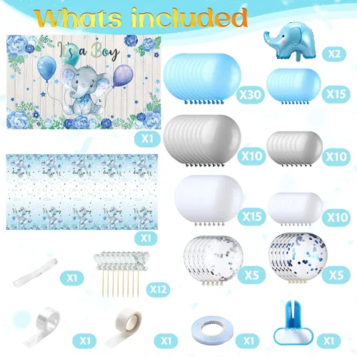 Miniatura 2 de Decoraciones para baby shower, 121 piezas de suministros de fiesta de elefantes, incluyen telón de fondo, pancarta, globos, mantel y decoración