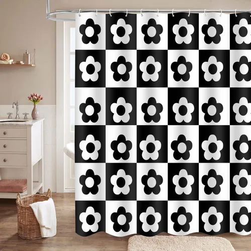 Retro Flower Checkered Shower Curtain Black White Vintage Floral Plaid Fabric Shower Curtians 72x72Inch Washable Groovy Aesthetic Modern Hippie Boho