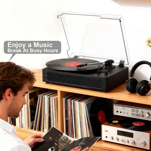 Miniatura 6 de Tocadiscos de vinilo con Bluetooth y altavoces estéreo integrados, tocadiscos vintage de 3 velocidades con parada automática, salida RCA y entrada