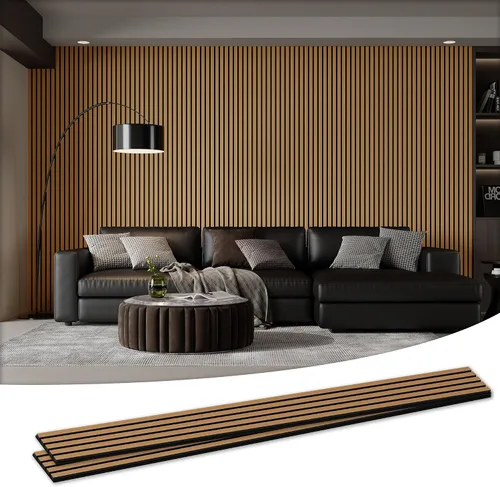 Miniatura 11 de Paquete de 4 paneles acústicos de pared de 105.9" x 12.6" x 0.8" que absorben sonido, paneles de pared de listones de madera para decoración de Teca