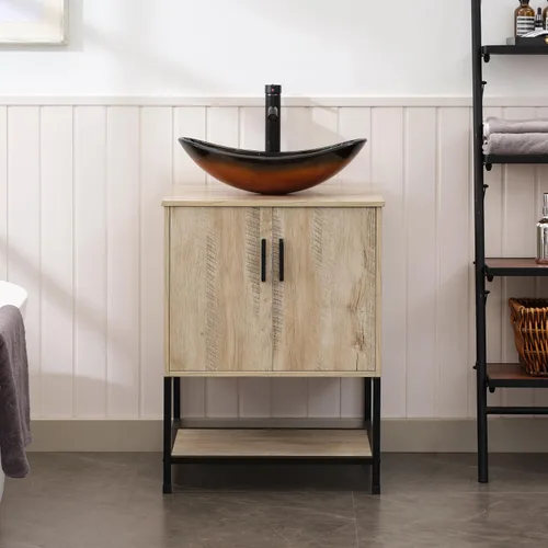 Miniatura 42 de UEV Tocador de Baño de Roble Rústico de 24" con Lavabo, Conjunto de Gabinete de Baño con Marco de Hierro Industrial con Puertas y Estante, con Combo