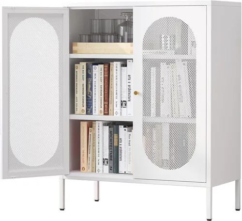 Miniatura 15 de Gabinete de almacenamiento de metal, soporte de TV de 2 puertas, armario decorativo con puertas y estante ajustable, armario de metal, mesita