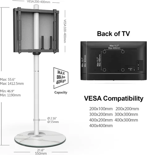 Miniatura 7 de FITUEYES Soporte de TV esquinero para 37 a 65 pulgadas, soporte de TV blanco moderno de mediados de siglo con base de vidrio texturizado de mármol