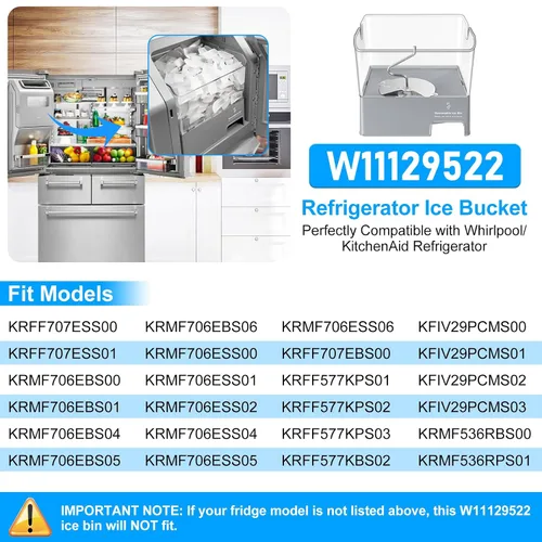 Miniatura 3 de Cubo de hielo para refrigerador W11129522 mejorado compatible con repuesto KitchenAid W10564750 Whirlpool Cubo de hielo extraíble KRFF707ESS01