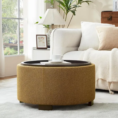 Miniatura 11 de Zihanhome Mesa de Centro Otomana de Almacenamiento Redonda de 30 Pulgadas, Otomana Boucle Moderna con Tapa Desmontable y Patas de Madera Maciza