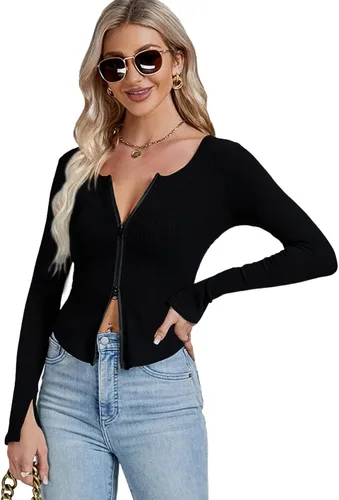 Miniatura 6 de LYANER Camiseta de manga larga con cuello en V profundo y cremallera frontal con abertura frontal para mujer