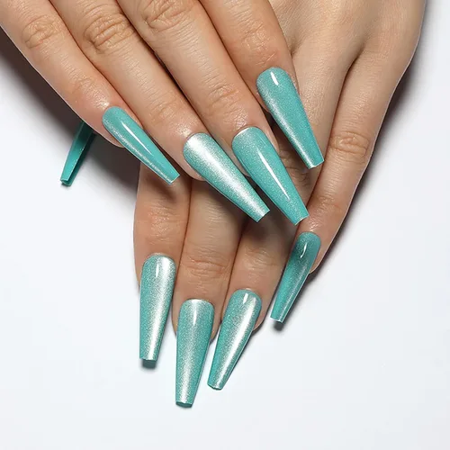 Miniatura 14 de Uñas postizas a presión largas, con brillo azul y diseño, acabado acrílico brillante, de cobertura completa, uñas postizas reutilizables para l002