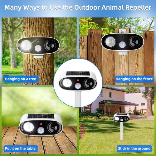 Miniatura 8 de Repelente solar ultrasónico de animales para exteriores, dispositivos repelentes de ciervos y gatos, paquete de 2 unidades, repelente ultrasónico