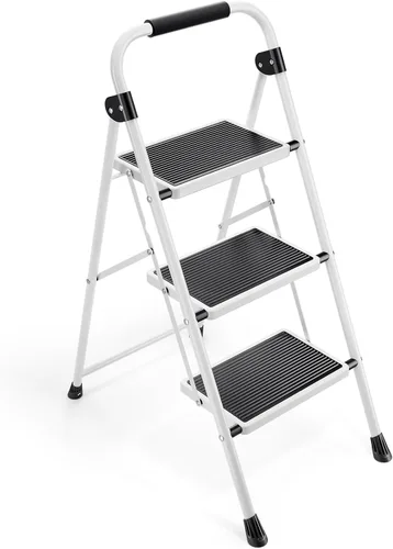 KINGRACK Escalera plegable de 3 escalones con pedal antideslizante y ancho, portátil, plegable, alta y resistente con asa para el hogar, cocina y