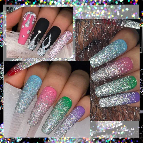 Miniatura 6 de MIZHSE Esmalte de uñas de gel con brillantina, esmalte de uñas de gel plateado brillante con diamantes, esmalte de gel reflectante con purpurina