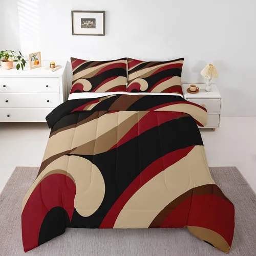 Miniatura 46 de Juego de edredón de rayas rojas y negras, juego de ropa de cama tamaño King con ondas circulares abstractas, geométrico, espiral, acolchado, 3 Multi