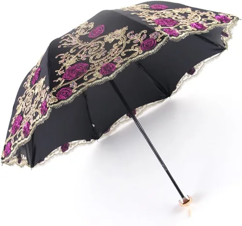 Miniatura 109 de Honeystore Sombrilla bordada con flor 3D plegable UV con encaje clásico