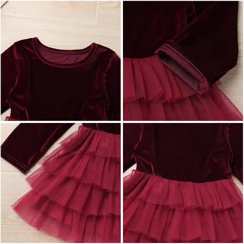 Miniatura 6 de Vestido de tutú de tul escalonado de terciopelo de manga larga para otoño e invierno para niñas y niñas