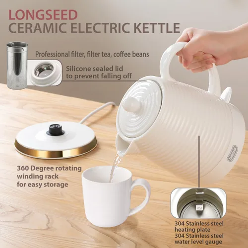 Miniatura 5 de Hervidor Eléctrico de Cerámica de 1.2 litros con Infusor y Juego de Tazas, Tetera para Hervir Agua, Protección Contra Hervir en Seco con Apagado