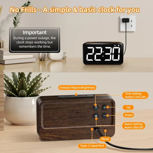 Miniatura 6 de NOKLEAD Reloj despertador digital: veta de madera, pantalla LED grande de 5.9 pulgadas, fácil de usar para personas mayores y hombres, brillo